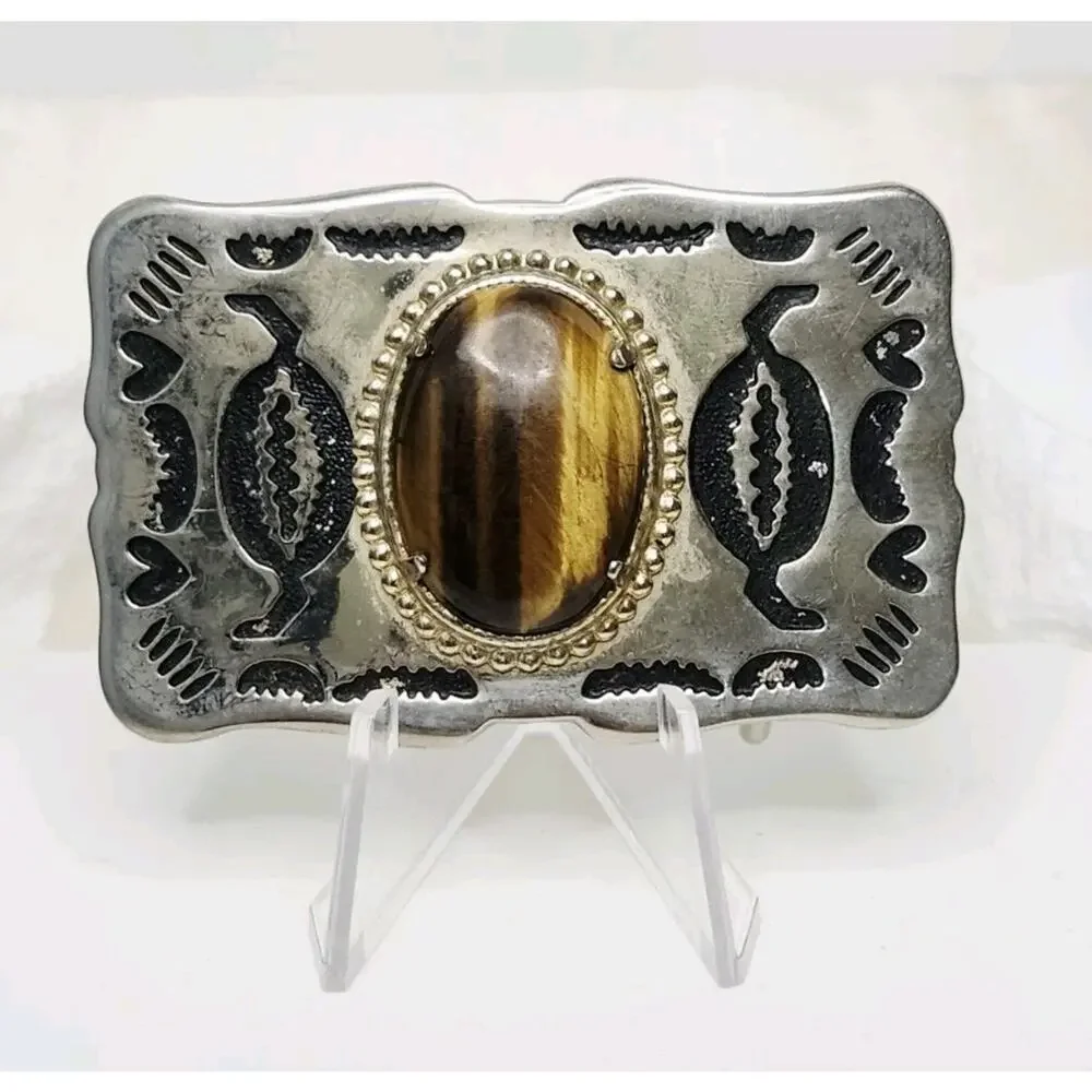 Vintage Southwestern Silver Tone Belt Buckle Genuine Tiger Eye Stone Cabochon